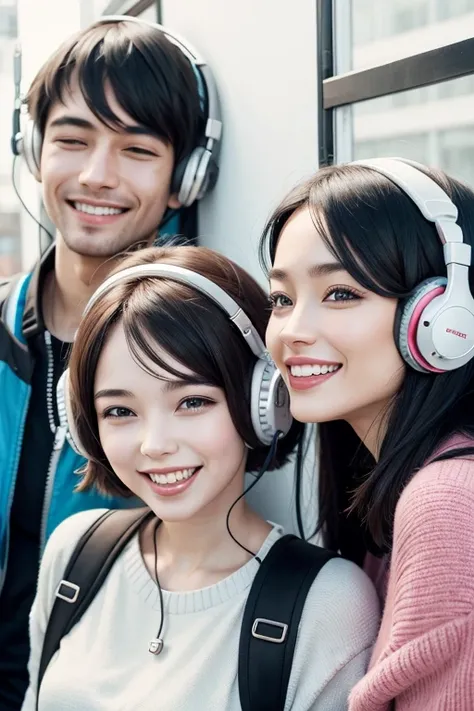 Happy people with emphasis on headphone 
