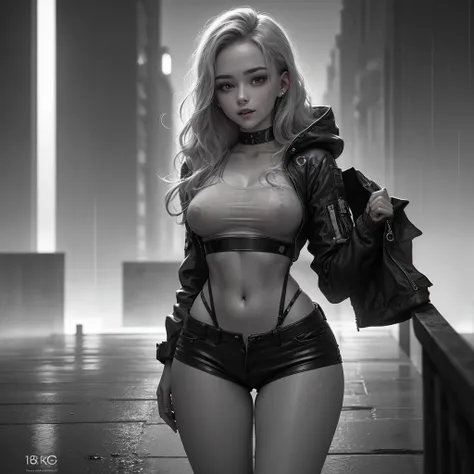 gorgeous 18 year old with wavy blond hair detailed alluring eyes d-cup breasts, Thigh gap long sexy legs wearing tiny shorts tshirt laughing in beautiful futuristic cyberpunk+ city, mist, wet, raining, best quality masterpiece, photorealistic, detailed, 8k...