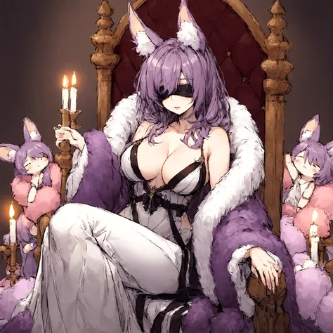 a sexy milf with a blindfold on, has very long purple hair, wearing fur lined sheer robe, breasts, showing cleavage, has fox ears, relaxing on a throne, surrounded by candles and soft multi colored fuzzy plushies