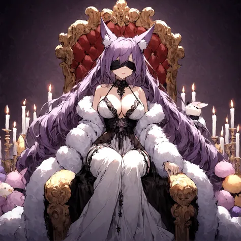 a sexy milf with a blindfold on, has very long purple hair, wearing fur lined sheer robe, breasts, showing cleavage, has fox ears, relaxing on a throne, surrounded by candles and soft multi colored fuzzy plushies