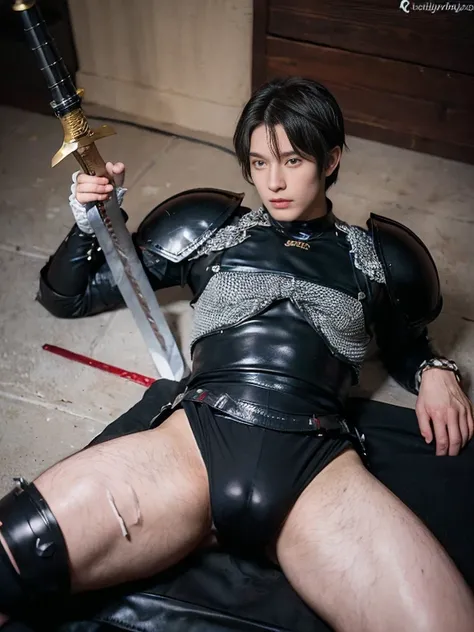 ((A young adult male dragoon wearing erotic armored leotard and armor plates rubbing and humping his crotch against his weapon that is positioned in between his legs)), he is breathing heavily and his body is twitching as he rubs the weapon in between his ...