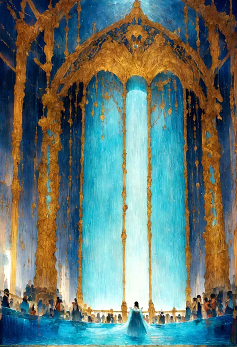 huge water curtain、Huge water curtains on both sides、symmetrical water curtain、600,000 people walk between the water curtains