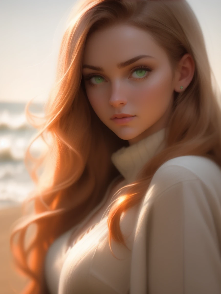 close up of a european woman, ginger hair, winter beach, natural skin texture, 24mm, 4k textures, soft cinematic light, RAW photo, photorealism, photorealistic, intricate, elegant, highly detailed, sharp focus, ((((cinematic look)))), soothing tones, insan...