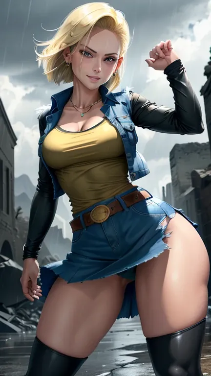 best quality, highres, and18, 1girl, android 18, solo girl, 1girl, blonde hair, blue eyes, belt, boots, tight blue demin skirt, gold_necklace, black shirt, short hair, long striped sleeves, earrings, open vest, denim vest, medium breasts, cowboy shot, moun...