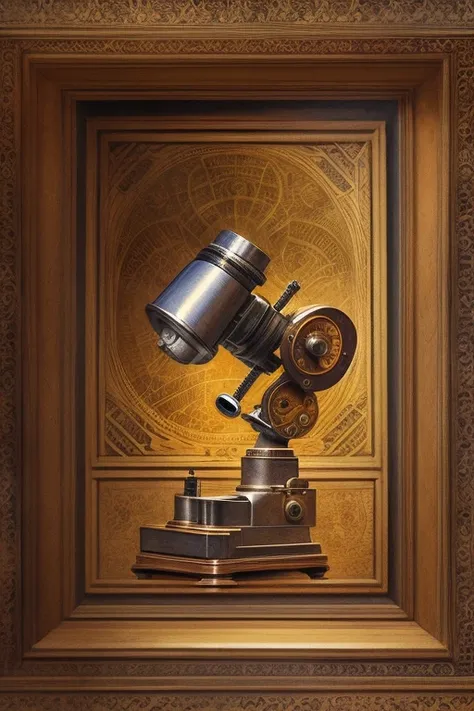 Illustration, close-up: A detailed painting of a microscope. Artistic style reminiscent of Leonardo da Vinci’s sketches