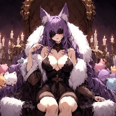 a sexy milf with a blindfold on, has very long purple hair, wearing fur lined sheer robe, breasts, showing cleavage, has fox ears, relaxing on a throne, surrounded by candles and soft multi colored fuzzy plushies