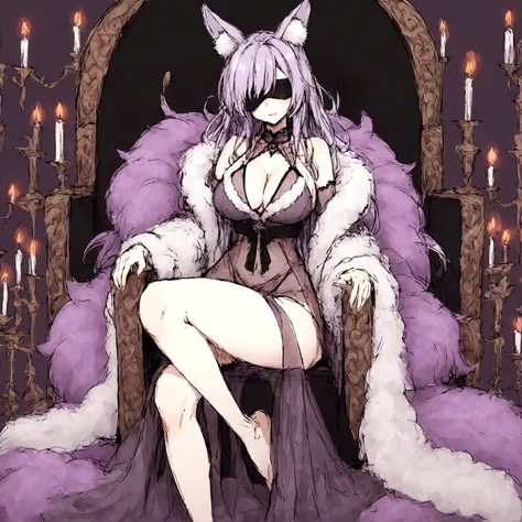 a sexy milf with a blindfold on, has very long purple hair, wearing fur lined sheer robe, breasts, showing cleavage, has fox ears, relaxing on a throne, surrounded by candles and soft multi colored fuzzy plushies