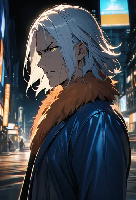 Mature man, perfect eyes, perfect anatomic body, short white hair, medium hair parted, serious face, yellow eyes, night, in the city at night, brave, blue jacket, orange fur collar, white shirt, 8k, high quality, full HD.