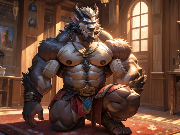 A burly, virile, and hairy dragon, exuding the irresistible charm of a himbo muscle daddy. His middle-aged features, adorned by a long, bushy beard and a thick mustache, reveal a life of experience and adventure. His body, sculpted into a warriors build an...