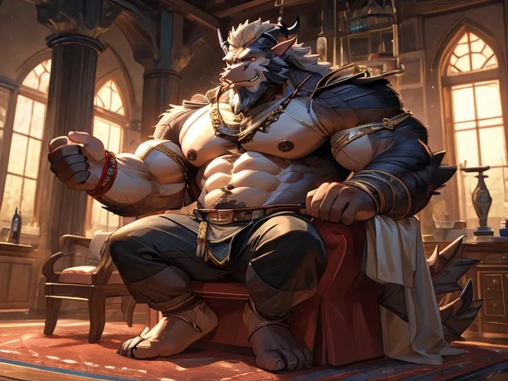 A burly, virile, and hairy dragon, exuding the irresistible charm of a himbo muscle daddy. His middle-aged features, adorned by a long, bushy beard and a thick mustache, reveal a life of experience and adventure. His body, sculpted into a warriors build an...