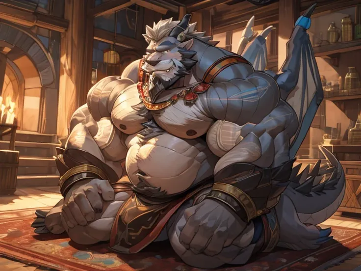 A burly, virile, and hairy dragon, exuding the irresistible charm of a himbo muscle daddy. His middle-aged features, adorned by a long, bushy beard and a thick mustache, reveal a life of experience and adventure. His body, sculpted into a warriors build an...