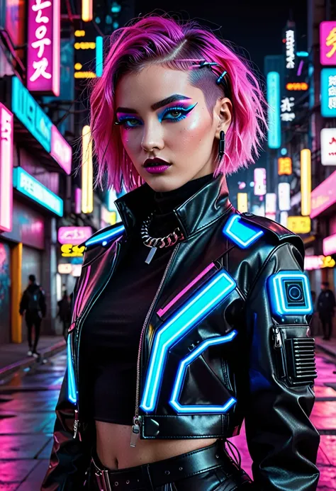 the image depicts a person with a striking cyberpunk-inspired look. the individual has a short, dyed hair style with vibrant sha...