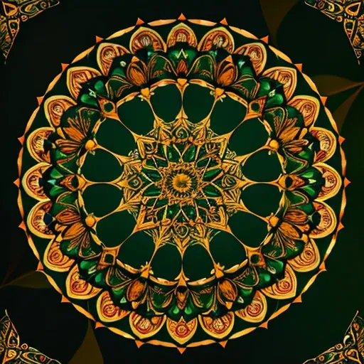 A beautiful mandala that is starting from a eight pointed star in the center, growing in forest green leaves and orange flecked with yellow light, like the crown of a tree, shining bright, growing in symmetrical designs and arabesques, adorned with flowers...