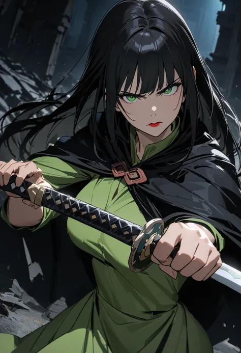 Mature woman, perfect anatomic draw, perfect eyes, long black hair, beautiful eyes, straight bangs down, green eyes, beautiful woman, green dress, black cape, in the ruins at night, red lips, serious face, serious woman, brave pose, fighting with a katana,...