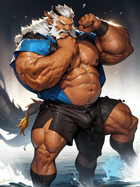 A burly, virile, and hairy dragon, exuding the irresistible charm of a himbo muscle daddy. His middle-aged features, adorned by a long, bushy beard and a thick mustache, reveal a life of experience and adventure. His body, sculpted into a warriors build an...