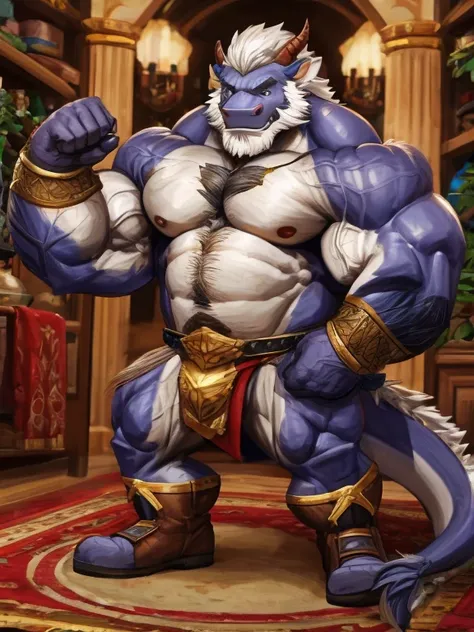 A burly, virile, and hairy dragon, exuding the irresistible charm of a himbo muscle daddy. His middle-aged features, adorned by a long, bushy beard and a thick mustache, reveal a life of experience and adventure. His body, sculpted into a warriors build an...