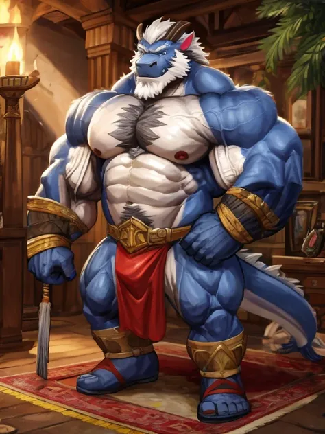 A burly, virile, and hairy dragon, exuding the irresistible charm of a himbo muscle daddy. His middle-aged features, adorned by a long, bushy beard and a thick mustache, reveal a life of experience and adventure. His body, sculpted into a warriors build an...