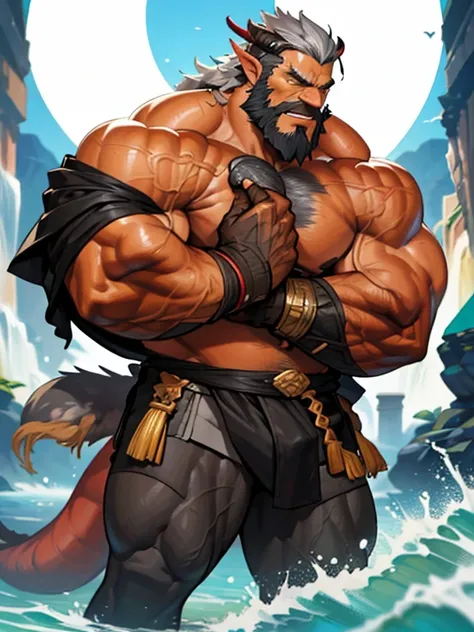 A burly, virile, and hairy dragon, exuding the irresistible charm of a himbo muscle daddy. His middle-aged features, adorned by a long, bushy beard and a thick mustache, reveal a life of experience and adventure. His body, sculpted into a warriors build an...