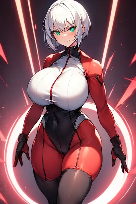 1girl, white hair, very short hair, red bodysuit, bodysuit, green eyes, futuristic, machinery, science-fiction, huge breasts, toned, breasts, thick thighs, smile, thighhighs, black thighhighs, ((black thighhighs)), neon trim, neon, neon lights, ((red bodys...