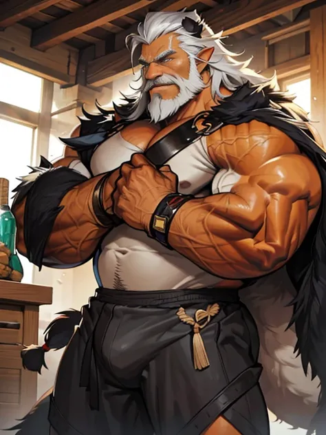 A burly, virile, and hairy dragon, exuding the irresistible charm of a himbo muscle daddy. His middle-aged features, adorned by a long, bushy beard and a thick mustache, reveal a life of experience and adventure. His body, sculpted into a warriors build an...