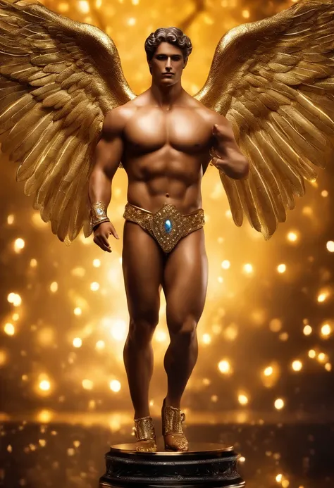 Homem romano realista beleza masculina nariz fino labios carnudos queixo qyadrado diamante. With angel wings on golden heads. Full body with crotch penis 