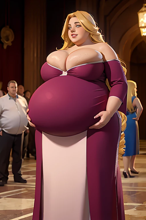 1 girl, sexy plump queen, long blonde hair, (long gown) , (double chin), overweight, (big pregnant belly), (revealing her belly) ,big breasts, castle main hall