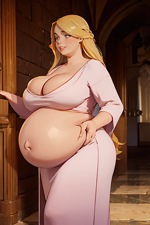 1 girl, sexy plump queen, long blonde hair, (long gown) , (double chin), overweight, (big pregnant belly), (revealing her belly) ,big breasts, castle main hall