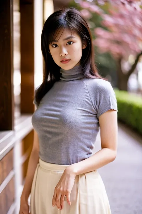 (masterpiece, best quality:1.2), 1girl,((full figure ))((arafed asian woman in a Grey top and black skirt posing for a picture)), thick neck, ((wearing turtleneck short sleeve)),  (( Grey turtleneck short sleeve)), Grey colour sweater, attractive neck, cle...