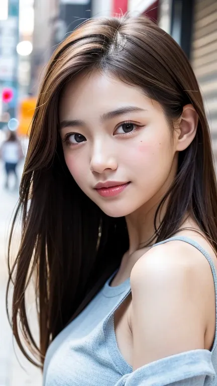 (((close-up of face)))、(((brown hair straight)))、(((she is posing like a hair salon model with a new york alleyway in the backgr...