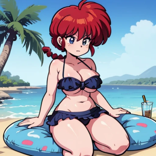 Ranmachan, Cabello rojo, Cabello con trenza, pechos muy grandes, pechos rebotando, senos abultados, bulto de senos, posando en la playa, tomando el sol, BATHING IN THE SEA, jugando en la playa, bath in the sea, senos bajo el agua, nsfw, costume]Blue Archiv...