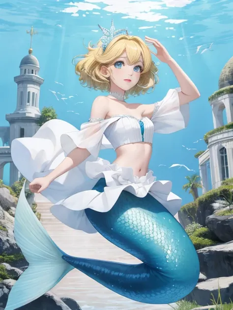 Underwater sea, mermaid, mermaid tail below waistline, 1girl, crossdressing, anime, beauty, small breasts, short hair, blonde hair, blue eyes, woman white wedding dress, white dress, off shoulder, sexy pose, happy blush, looking at viewer,