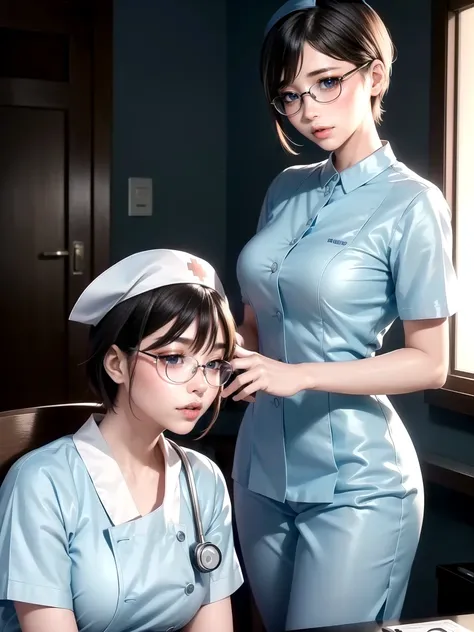 (Ultimate beauty), New Nurse, 非常にdetailed顔, detailedな唇, fine grain, Beautiful Eyes, Short pixie hairstyles for brunettes, ((Laugh with your mouth closed)), ((Rimless Glasses))(((Wearing light blue nurse clothes)))), Big Breasts,((Nurse&#39;s Breasts&#39;My...