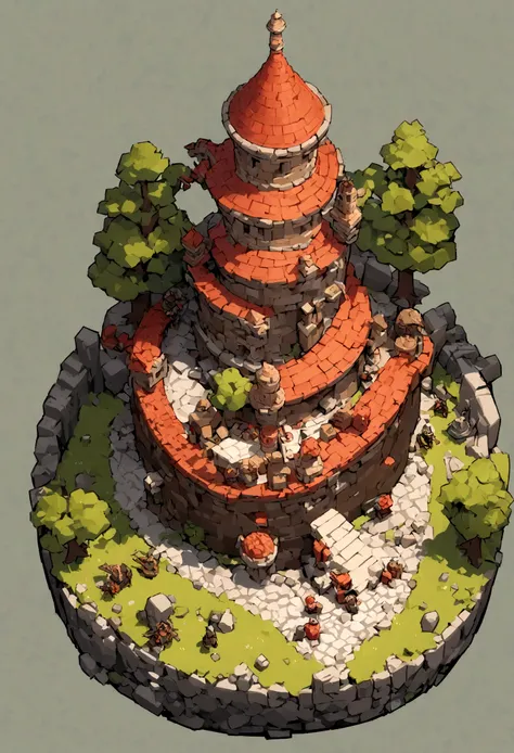 absurdres, best quality, fantasy, isometric, knolling style of (miniature brick round tower:1.2,Big Dragon,Soldier), tree, stone wall, (simple background:1.2),