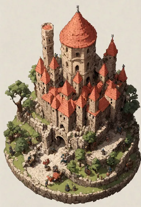 absurdres, best quality, fantasy, isometric, knolling style of (miniature brick round tower:1.3,Big Dragon,Soldier), tree, stone wall, (simple background:1.2),