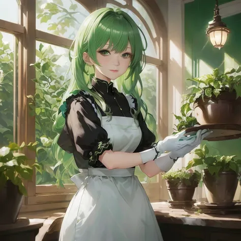 anime character with green hair and white apron holding a tray of plants, a maid in a magical forest, marin kitagawa fanart, tatsumaki, cushart krenz key art feminine, crisp clear rpg portrait, official art, maid outfit, anime girl in a maid costume, offic...