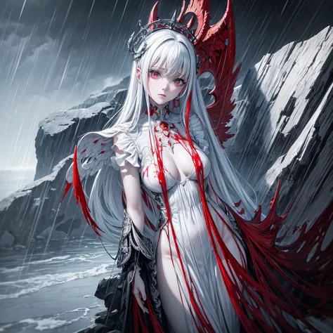 Black and white and blue and red,(highest quality, Super detailed, High resolution, Highly detailed CG),Wide Shot,Dead angels standing on the edge of a cliff,She is very beautiful,She loves blood and the sea,Rain of blood, Mysterious,Enthusiastic, complica...