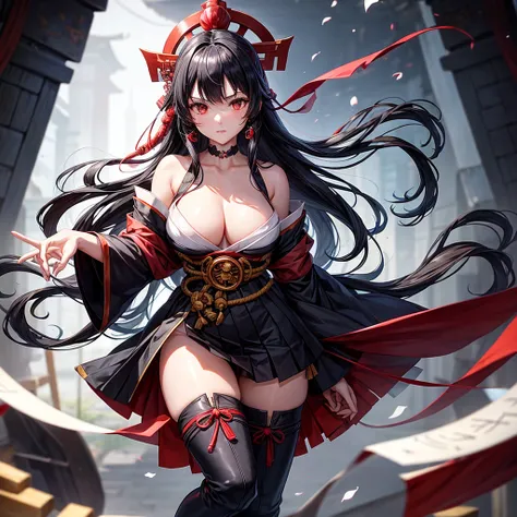 A black-haired woman wearing a shrine maiden outfit with slits in the legs　Spread your legs　Upper body fluttering　Have a revolver pistol　Thigh-high boots