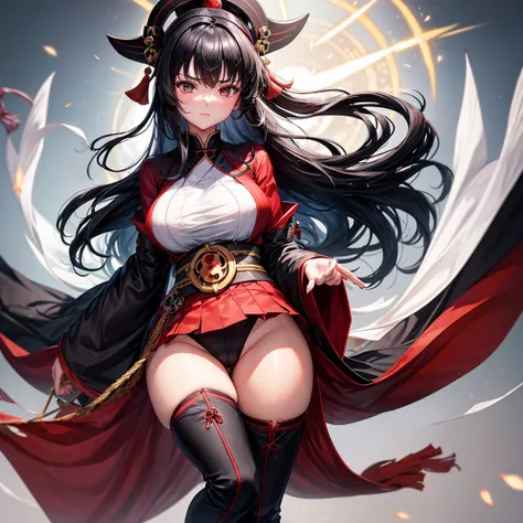 A black-haired woman wearing a shrine maiden outfit with slits in the legs　Spread your legs　Upper body fluttering　Have a revolver pistol　Thigh-high boots