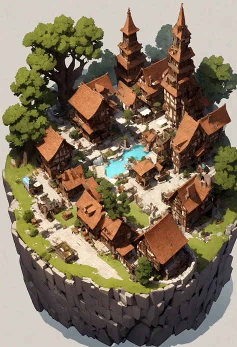 absurdres, best quality, fantasy, isometric, knolling style of (miniature wood town:1.3,Big Dragon), tree, stone wall, (simple background:1.3),