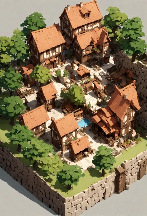 absurdres, best quality, fantasy, isometric, knolling style of (miniature wood town:1.3,Big Dragon), tree, stone wall, (simple background:1.3),