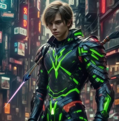 (ultra realistic,32k, masterpiece:1.2, UHD),(high detailed skin:1.1),( high quality:1.1), 1 boy, brown short raw cut hairs, brown eyes, green techno fantasy armor, cyberpunk, techno fantasy bow with ((energy bow arch)),((energy arrows)), caucasian race, li...