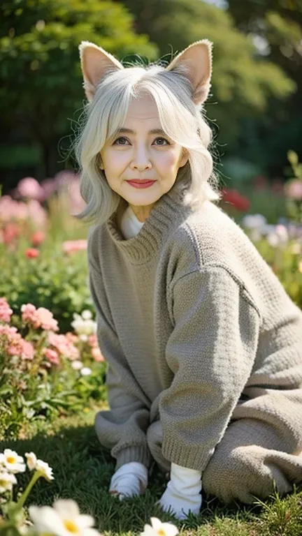 japanese granny, an old woman with grey hair and many wrinkles, standing with a skull in his hands，in the flower garden, smile 、...