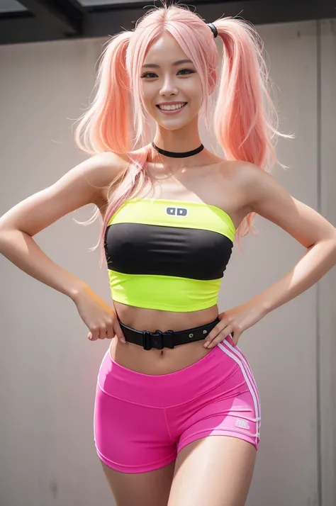 Tall sporty Swedish model、bright smile、、、whole body、very long stylish hair、、、dominant pose、Good style、、、、、、、、Fluorescent pink and yellow tight shorts costume、strapless top、、Pink Blonde Hair、、、cyber belt、large very detailed training gym background