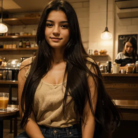 A photo of a beautiful 18 year old woman with Spanish features and long black hair, alegre, in a cafe at night 