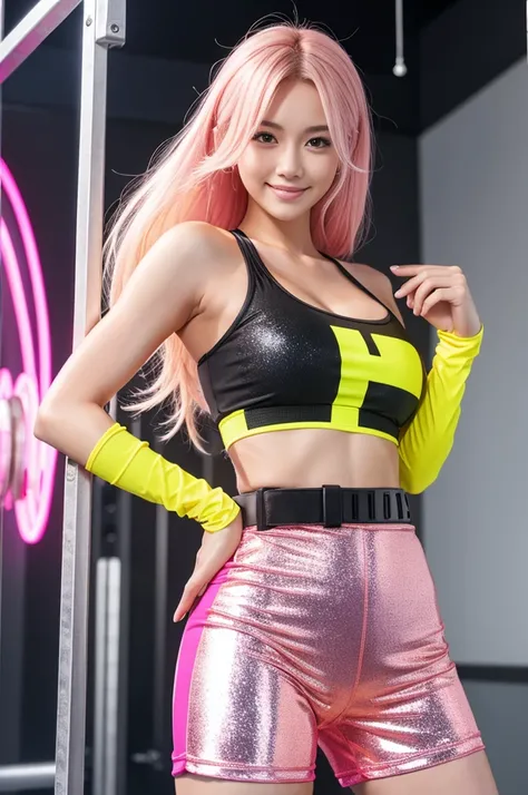 Tall sporty German model、bright smile、、、whole body、very long sparkling stylish hair、、、dramatic pose、Good style、、、、、、、、fluorescent pink and yellow sparkling glowing tight shorts costume、strapless top、、Pink Blonde Hair、、、cyber belt、large sparkling shiny very...