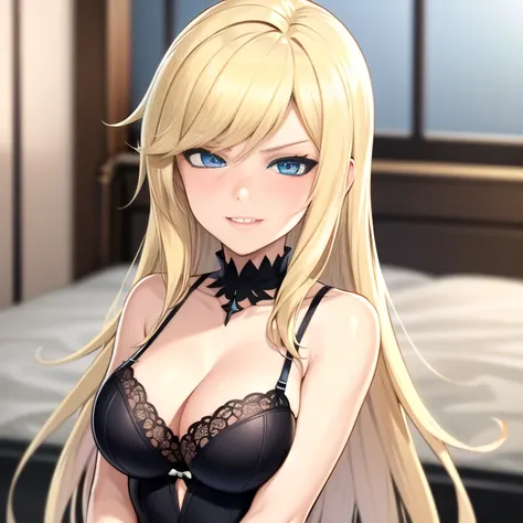 anime girl in black lingerie with blonde hair and blue eyes, seductive anime girl, sultry smirk, from girls frontline, perfect white haired girl, fine details. girls frontline, , sexy gaze, kantai collection style, fluffy chest, white haired, anime moe art...