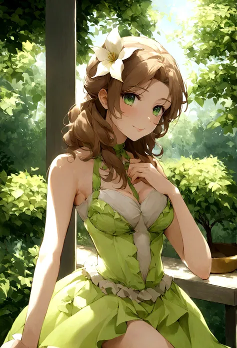 Generate a photorealistic image of summer .Une superbe influenceuse brune, in a well-lit area, poser sur un canaper . She should be around twenty years old., avec longtemps, wavy chestnut hair that falls gracefully over his shoulders. Son teint devrait êtr...