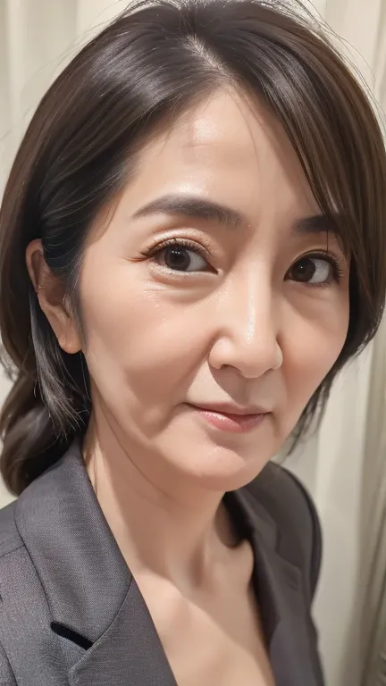 65 only、Japanese、Mature Woman、politician、Realistic facial wrinkles、Small breasts、Slender figure、Alluring、Plain tight-fitting business suit、On the bed、、Realist, 8k super Realist, super detal hand Realist、face close-up shot、