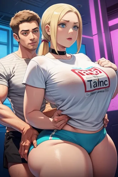 High resolution, (((two people in picture))), (one is a mature white girl, (((bimbo))), thick, long blonde, ponytail, she is surprised, very big wide hips, thick thighs, hourglass figure, small round breast, ((shes wearing dolphin shorts)), a table is in b...