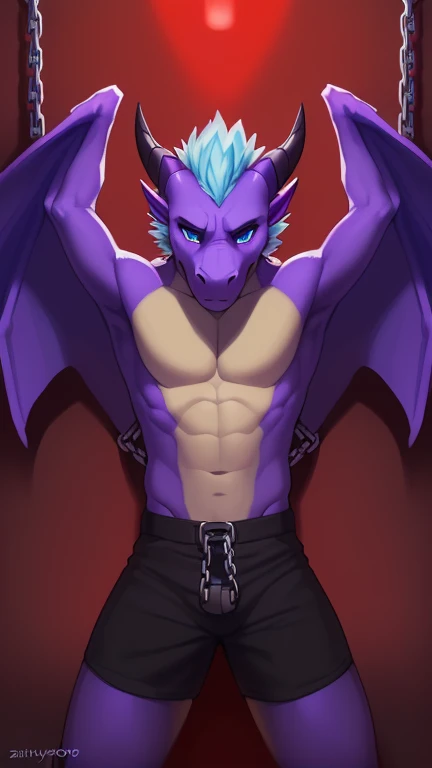 ((Rampageman a purple and tan anthropomorphic male dragon with purple horns, blue eyes, light blue hair and a tan torso chest is tan and wearing black and yellow shorts,((( zoomed out too see him all tied up in big havey metal chains up against a dark wall...